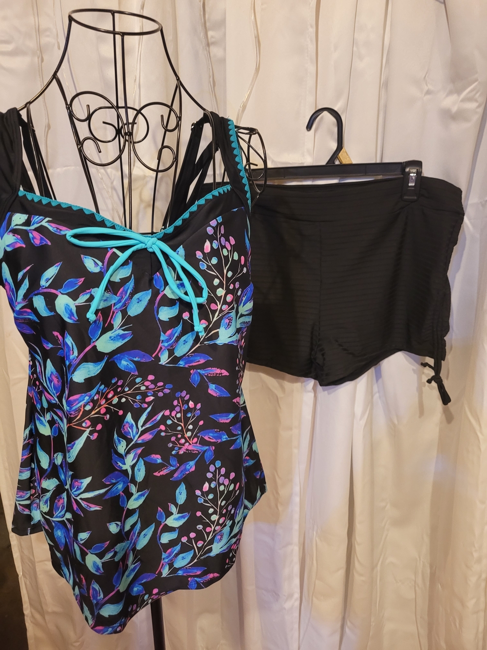 Amazon Women's Black Floral Tankini with Aqua Tie